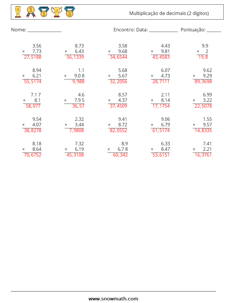 (25) Multiplicação de decimais (2 dígitos) planilhas matemáticas 5 Pergunta, Resposta