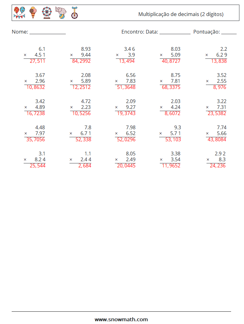 (25) Multiplicação de decimais (2 dígitos) planilhas matemáticas 6 Pergunta, Resposta