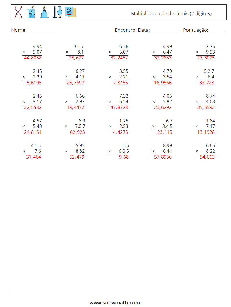 (25) Multiplicação de decimais (2 dígitos) planilhas matemáticas 7 Pergunta, Resposta