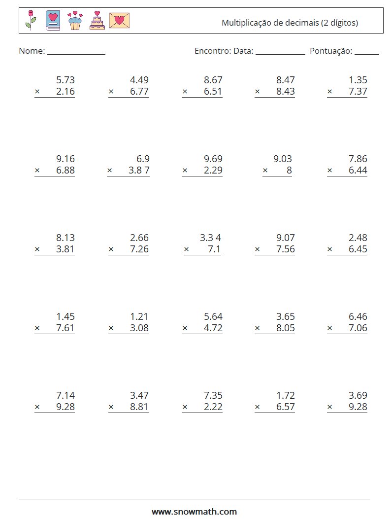 (25) Multiplicação de decimais (2 dígitos) planilhas matemáticas 8