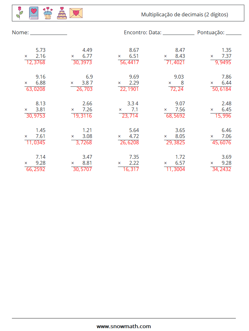 (25) Multiplicação de decimais (2 dígitos) planilhas matemáticas 8 Pergunta, Resposta