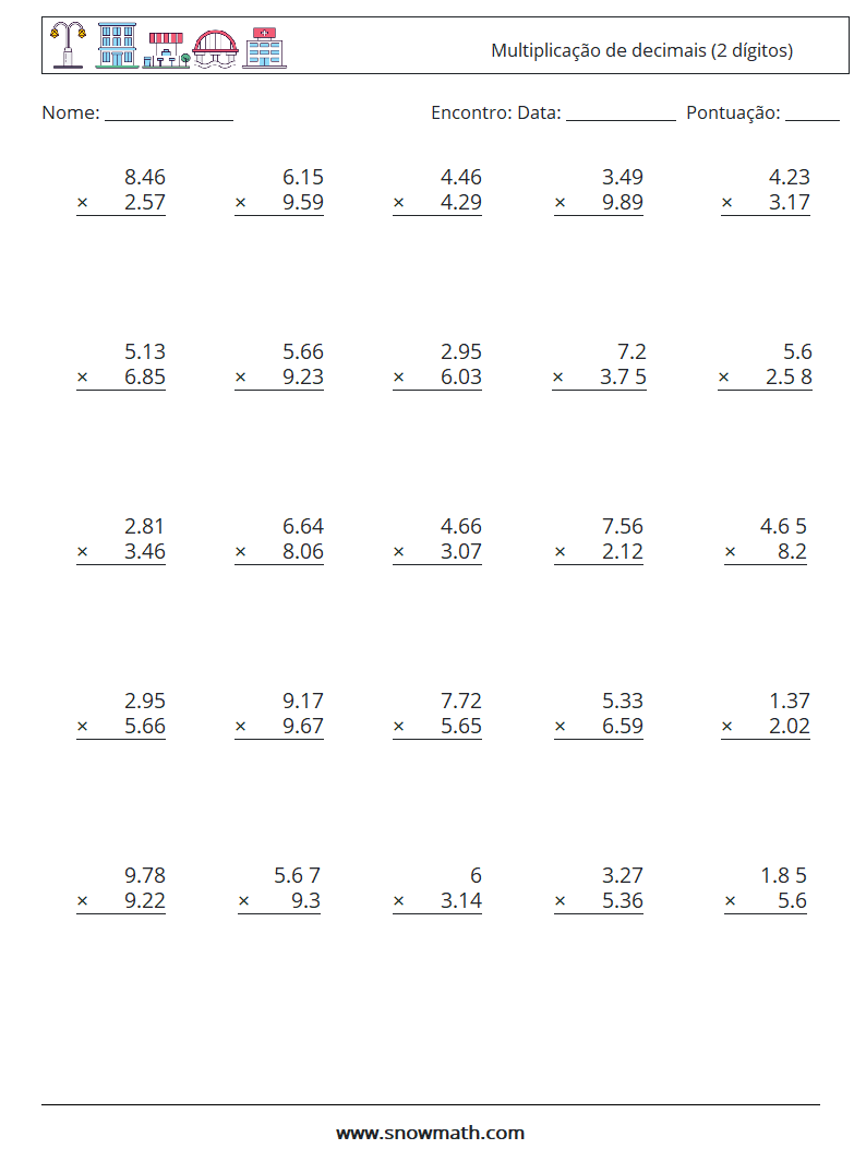 (25) Multiplicação de decimais (2 dígitos) planilhas matemáticas 9