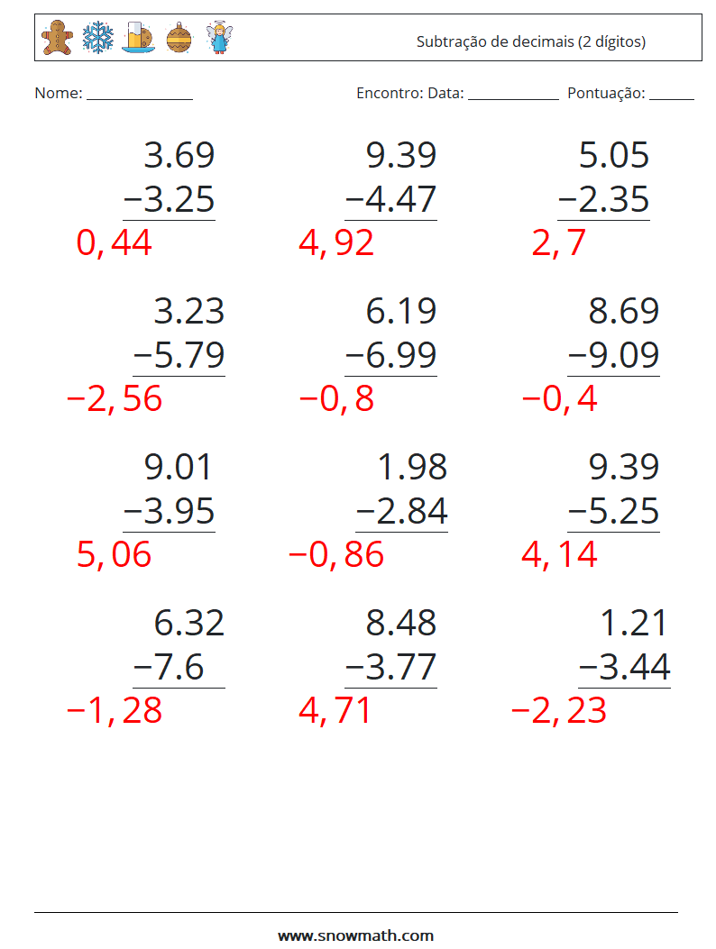 (12) Subtração de decimais (2 dígitos) planilhas matemáticas 14 Pergunta, Resposta