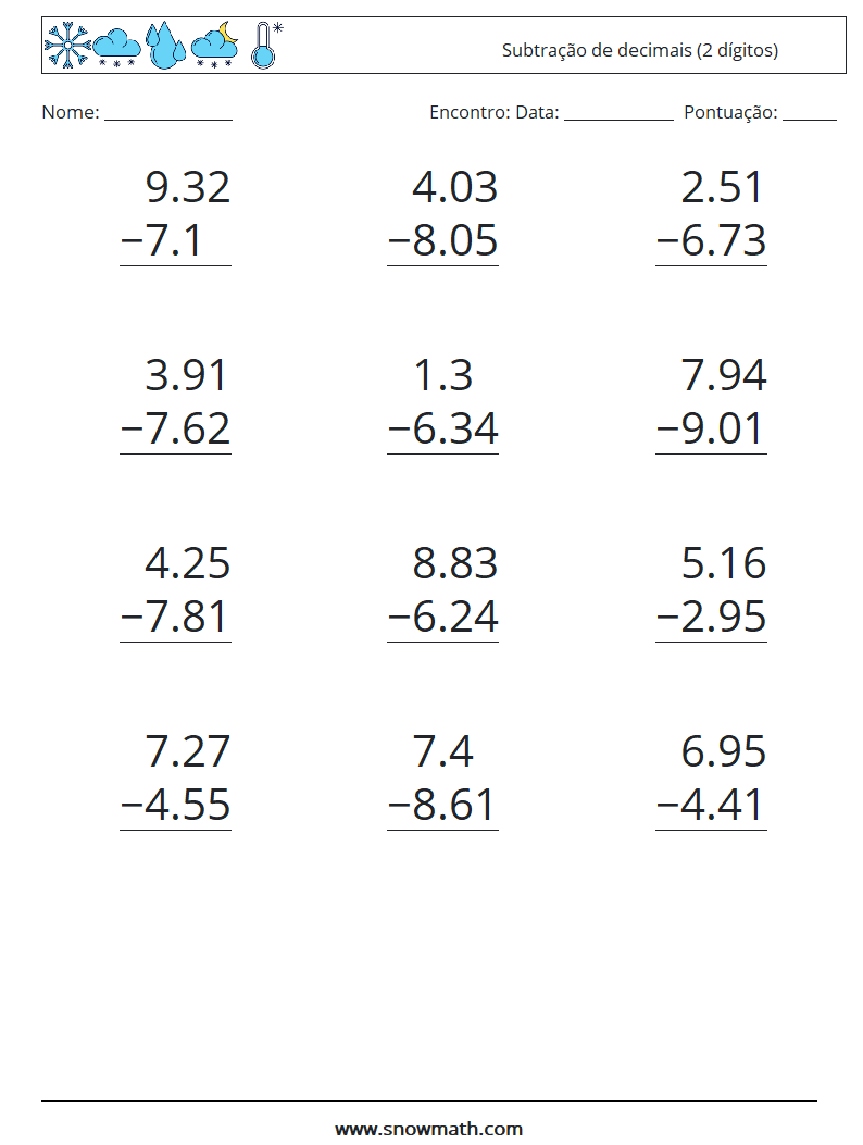 (12) Subtração de decimais (2 dígitos) planilhas matemáticas 15