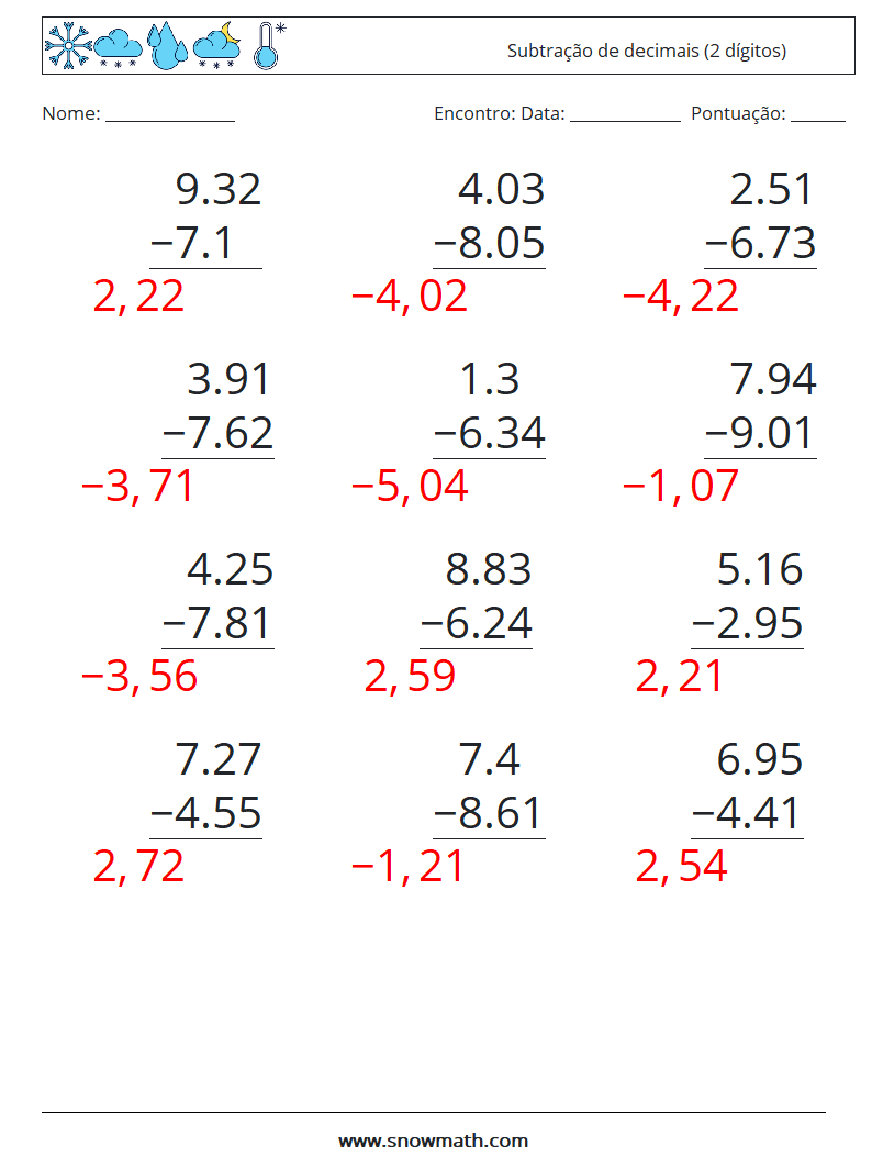 (12) Subtração de decimais (2 dígitos) planilhas matemáticas 15 Pergunta, Resposta