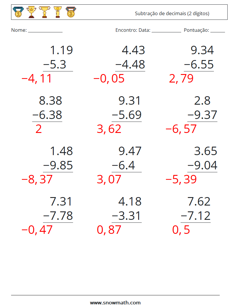 (12) Subtração de decimais (2 dígitos) planilhas matemáticas 1 Pergunta, Resposta