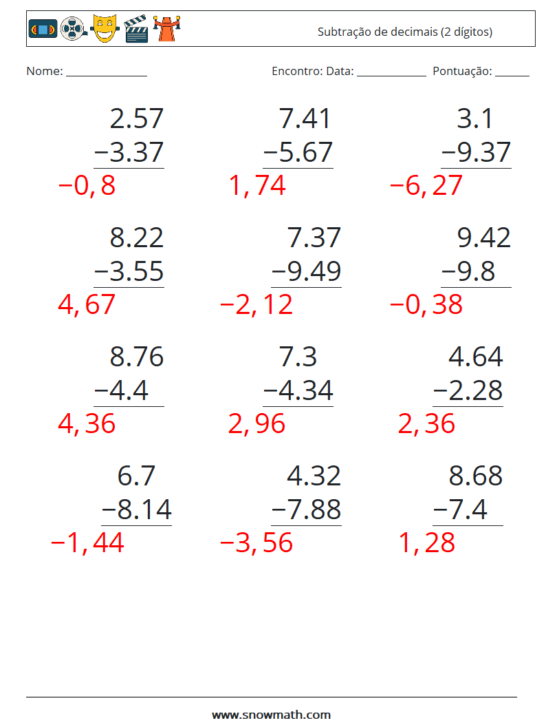 (12) Subtração de decimais (2 dígitos) planilhas matemáticas 2 Pergunta, Resposta