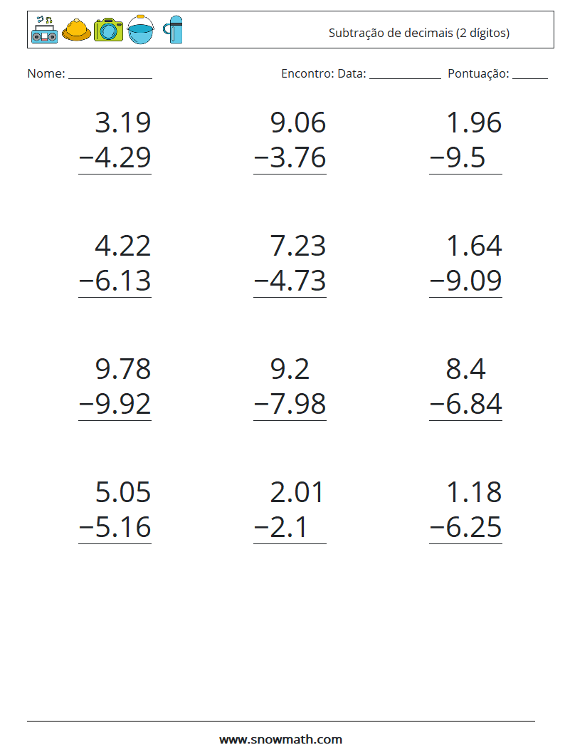 (12) Subtração de decimais (2 dígitos) planilhas matemáticas 3