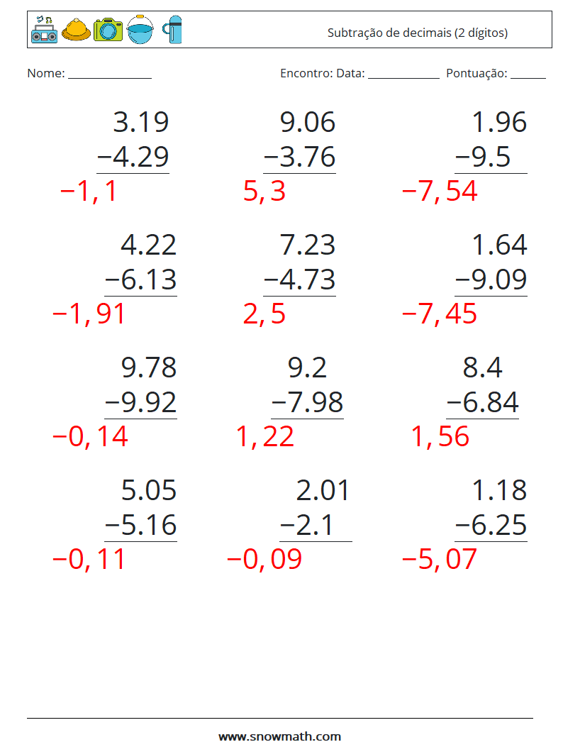 (12) Subtração de decimais (2 dígitos) planilhas matemáticas 3 Pergunta, Resposta