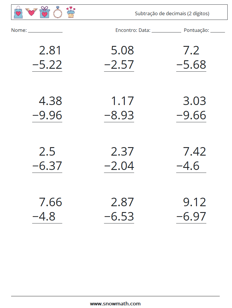 (12) Subtração de decimais (2 dígitos) planilhas matemáticas 4