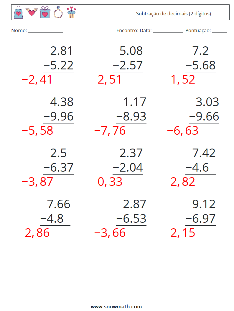 (12) Subtração de decimais (2 dígitos) planilhas matemáticas 4 Pergunta, Resposta