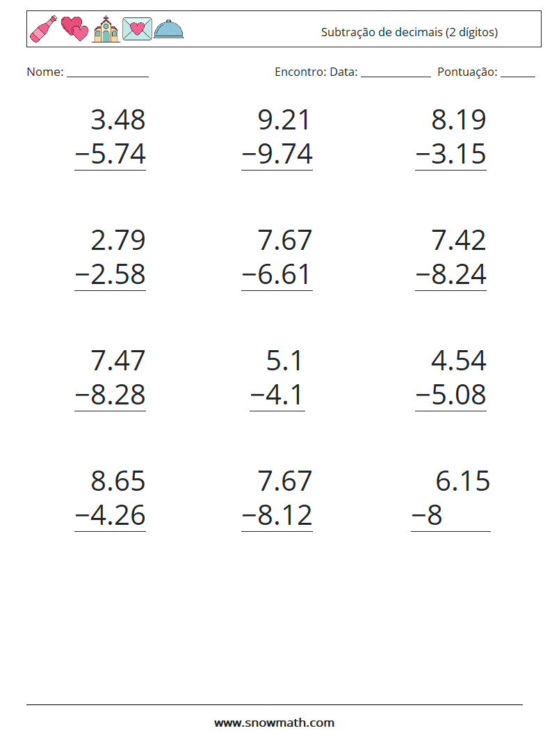 (12) Subtração de decimais (2 dígitos) planilhas matemáticas 5