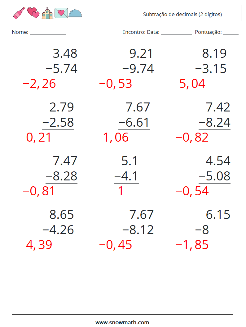 (12) Subtração de decimais (2 dígitos) planilhas matemáticas 5 Pergunta, Resposta