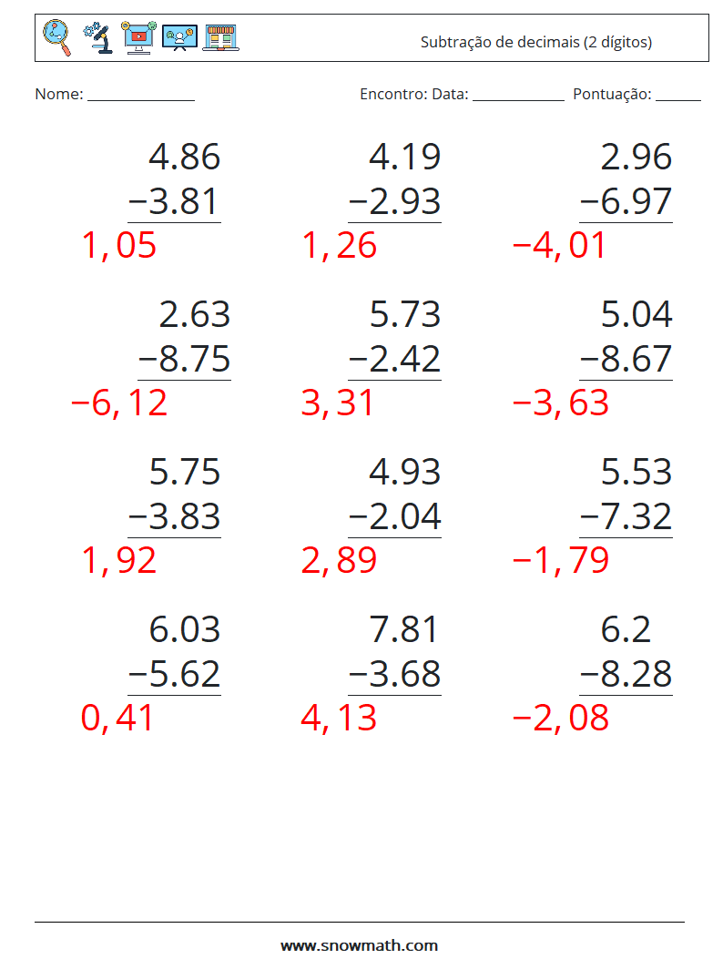 (12) Subtração de decimais (2 dígitos) planilhas matemáticas 6 Pergunta, Resposta