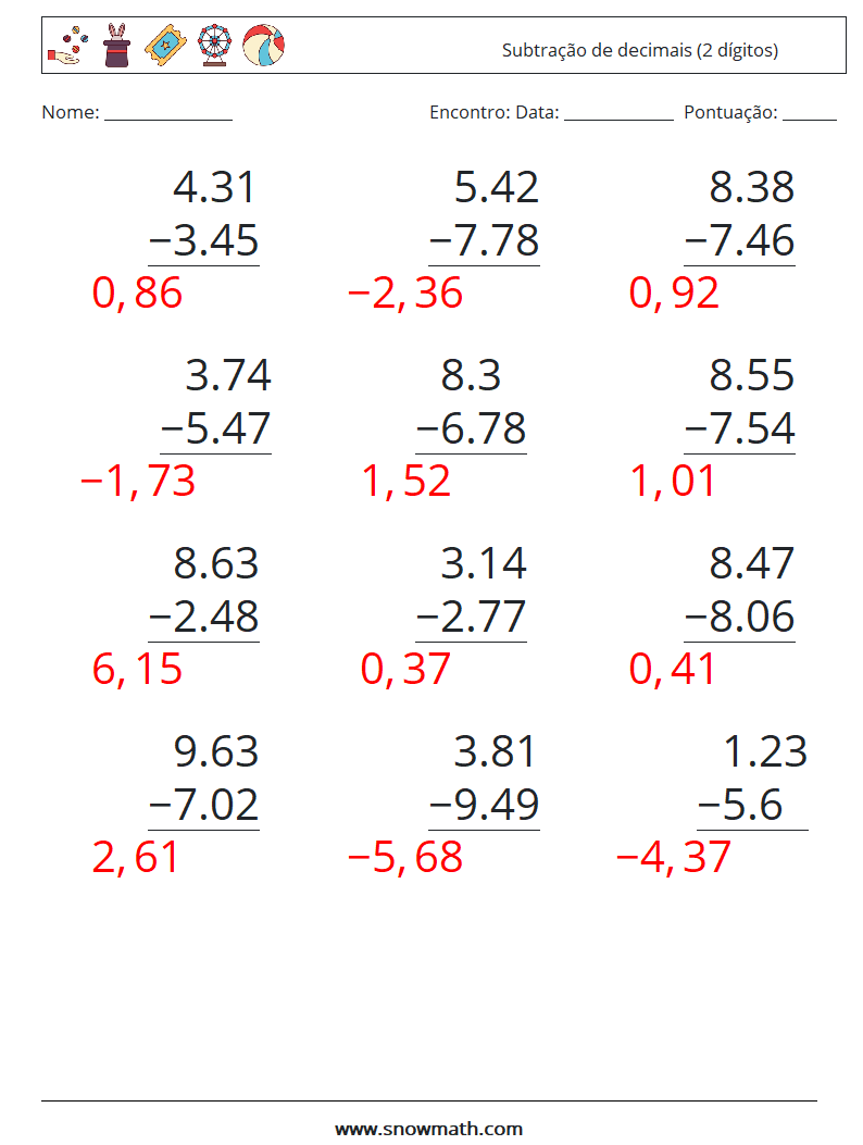 (12) Subtração de decimais (2 dígitos) planilhas matemáticas 7 Pergunta, Resposta