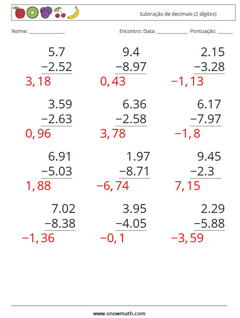 (12) Subtração de decimais (2 dígitos) planilhas matemáticas 8 Pergunta, Resposta