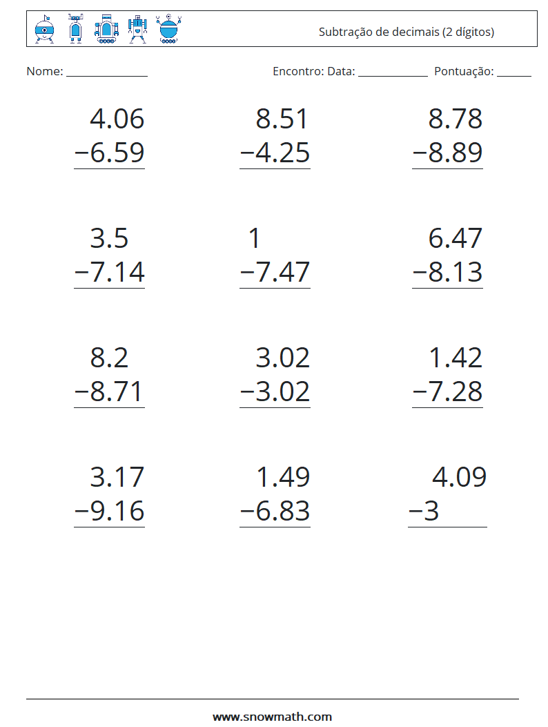 (12) Subtração de decimais (2 dígitos) planilhas matemáticas 9