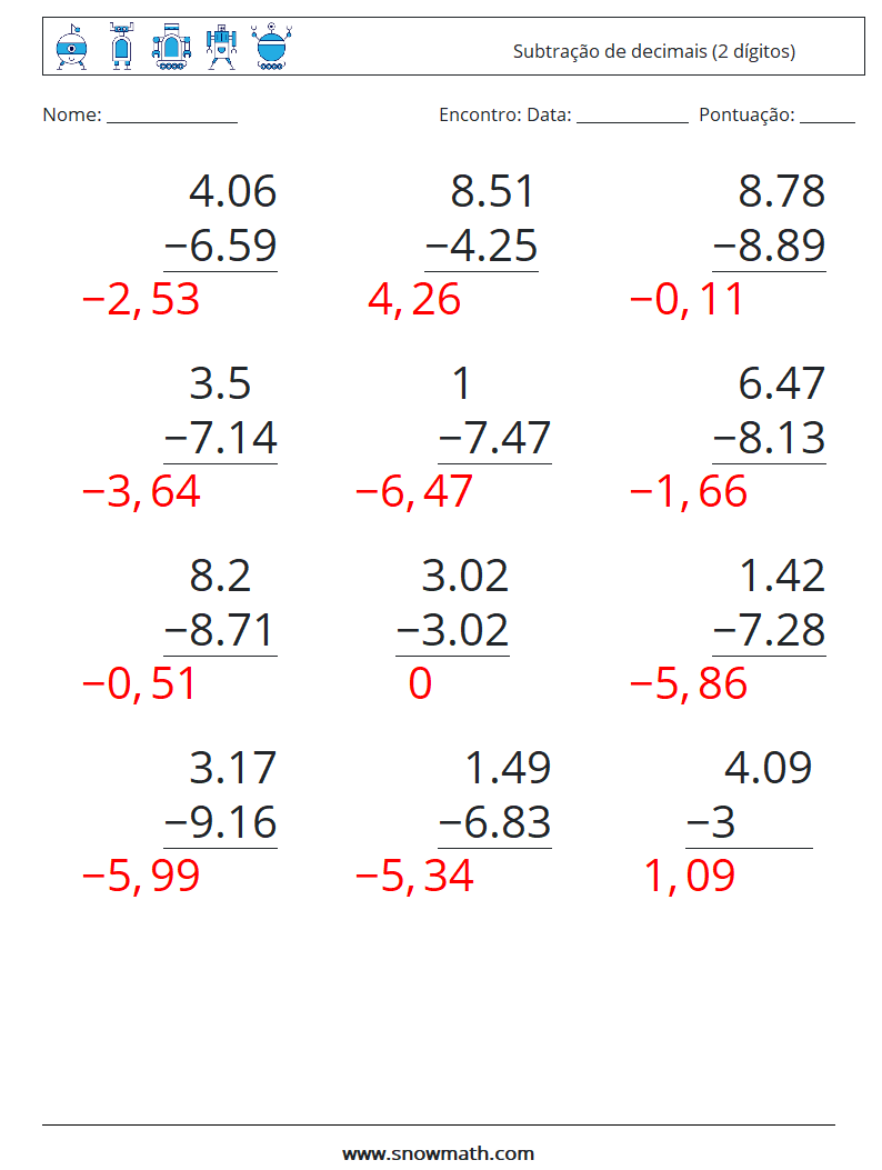 (12) Subtração de decimais (2 dígitos) planilhas matemáticas 9 Pergunta, Resposta