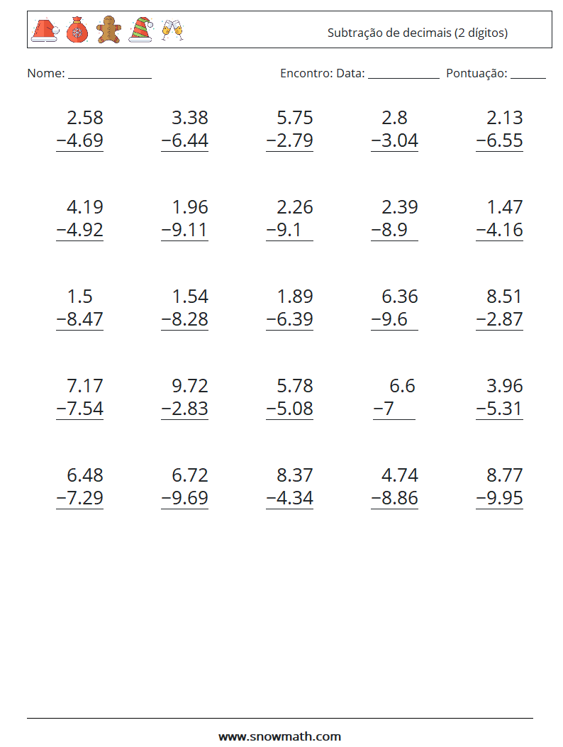 (25) Subtração de decimais (2 dígitos) planilhas matemáticas 1