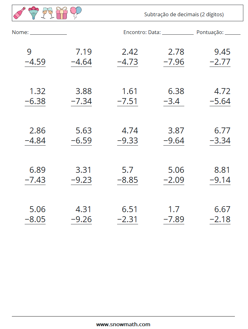 (25) Subtração de decimais (2 dígitos) planilhas matemáticas 10