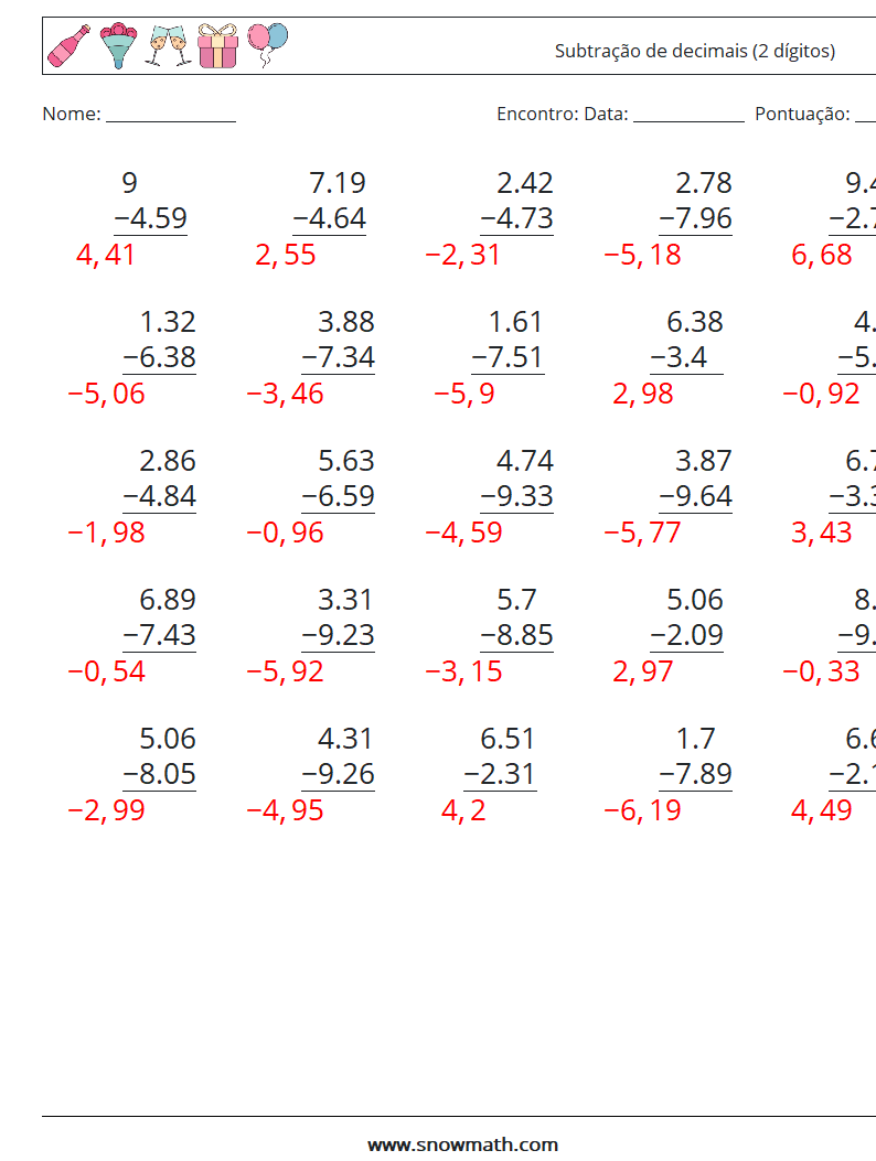 (25) Subtração de decimais (2 dígitos) planilhas matemáticas 10 Pergunta, Resposta