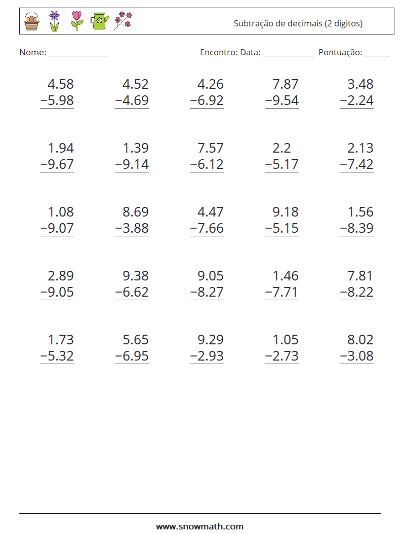 (25) Subtração de decimais (2 dígitos) planilhas matemáticas 11