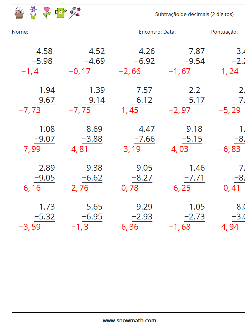 (25) Subtração de decimais (2 dígitos) planilhas matemáticas 11 Pergunta, Resposta