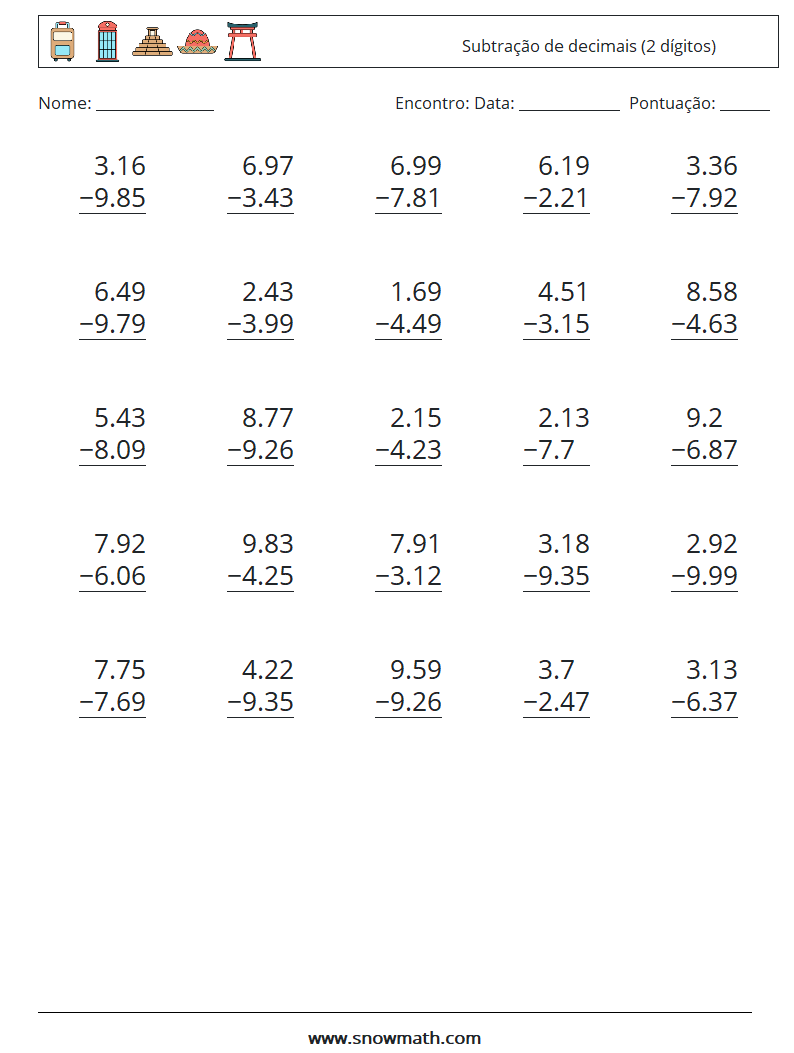 (25) Subtração de decimais (2 dígitos) planilhas matemáticas 12