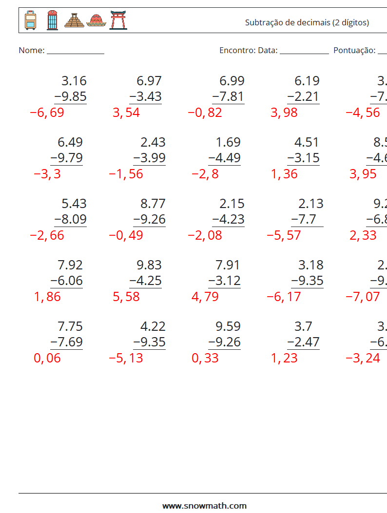 (25) Subtração de decimais (2 dígitos) planilhas matemáticas 12 Pergunta, Resposta