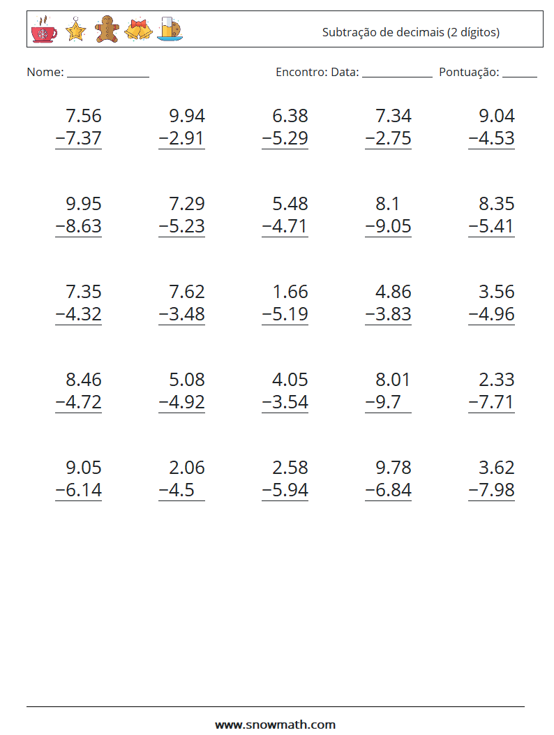 (25) Subtração de decimais (2 dígitos) planilhas matemáticas 13