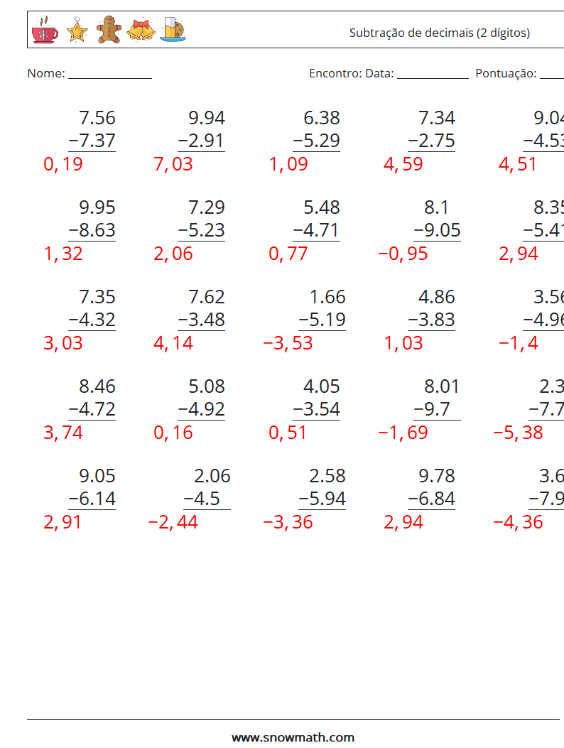 (25) Subtração de decimais (2 dígitos) planilhas matemáticas 13 Pergunta, Resposta