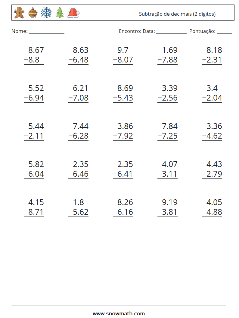 (25) Subtração de decimais (2 dígitos) planilhas matemáticas 14