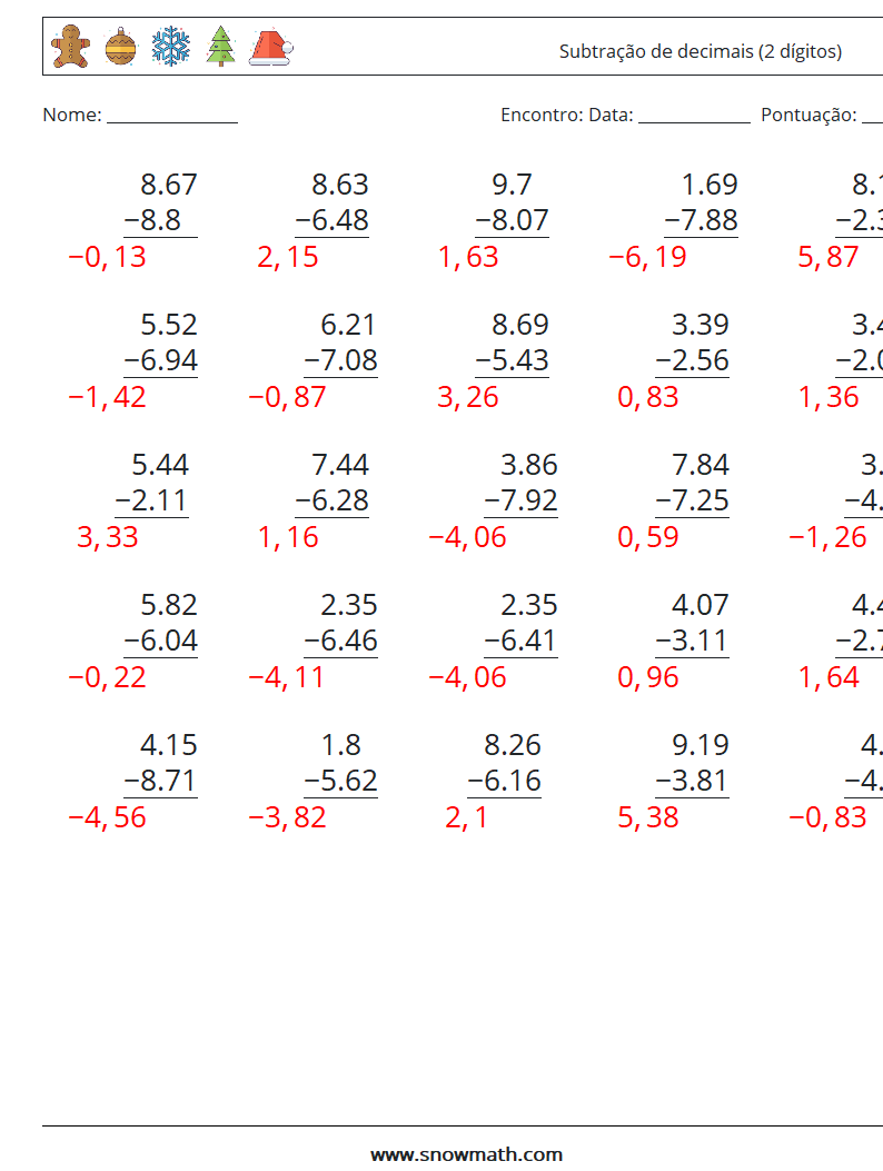 (25) Subtração de decimais (2 dígitos) planilhas matemáticas 14 Pergunta, Resposta