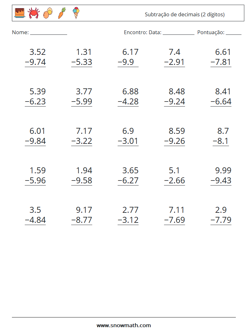 (25) Subtração de decimais (2 dígitos) planilhas matemáticas 15