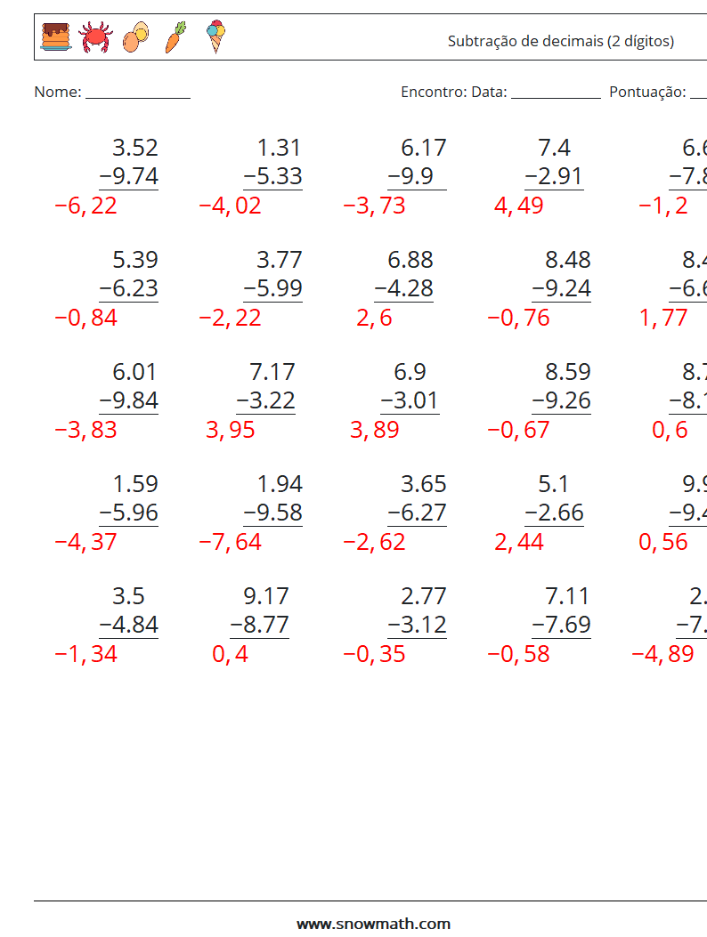 (25) Subtração de decimais (2 dígitos) planilhas matemáticas 15 Pergunta, Resposta