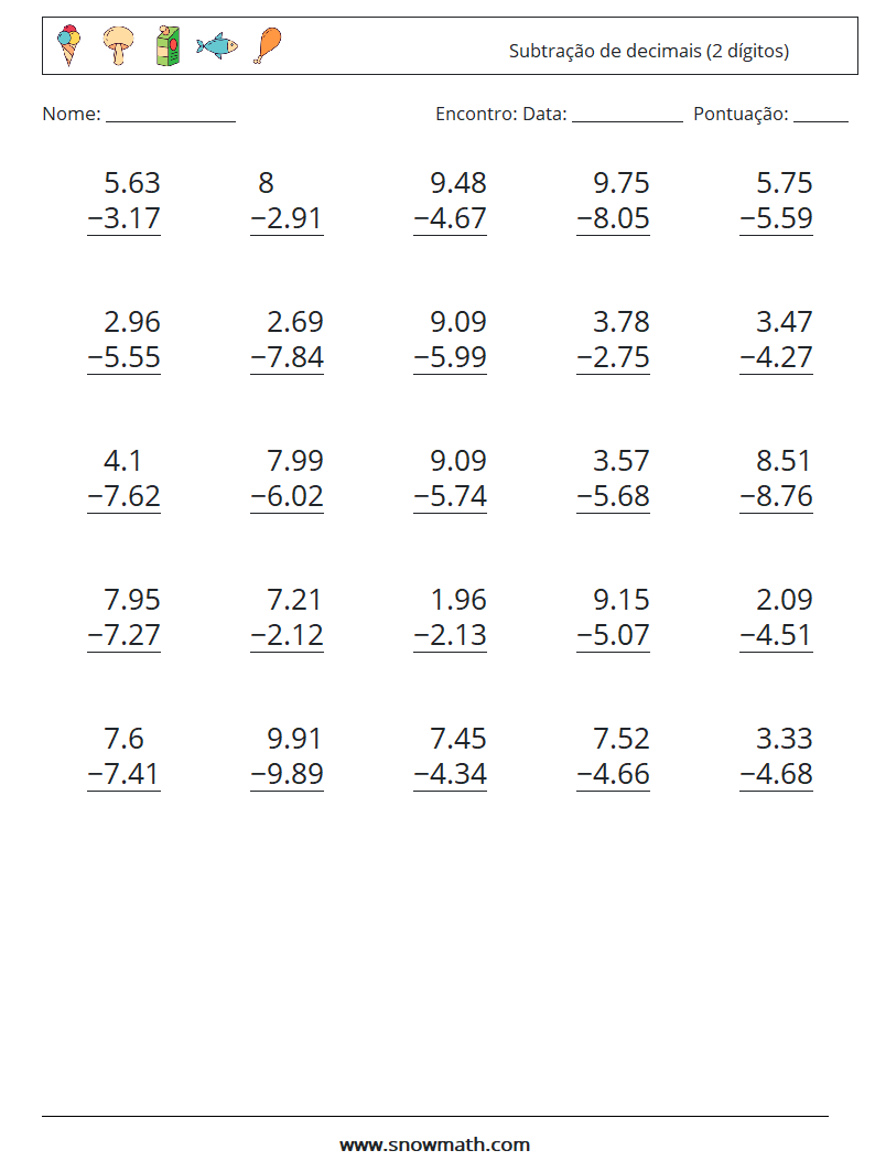 (25) Subtração de decimais (2 dígitos) planilhas matemáticas 16