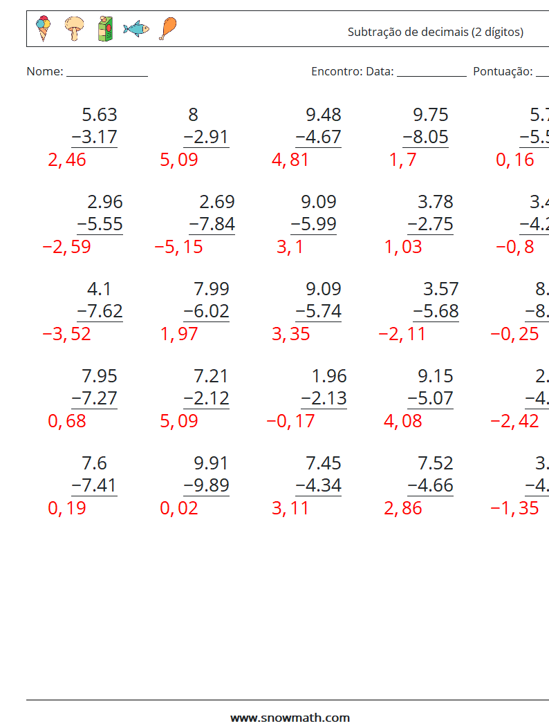 (25) Subtração de decimais (2 dígitos) planilhas matemáticas 16 Pergunta, Resposta