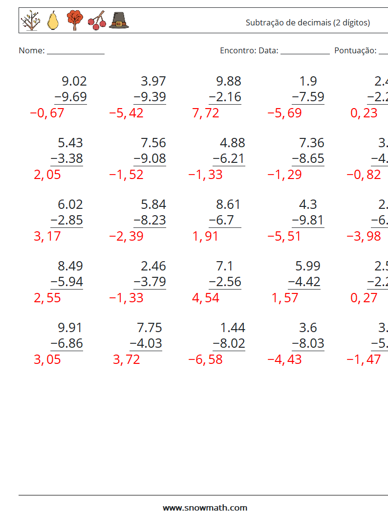 (25) Subtração de decimais (2 dígitos) planilhas matemáticas 17 Pergunta, Resposta