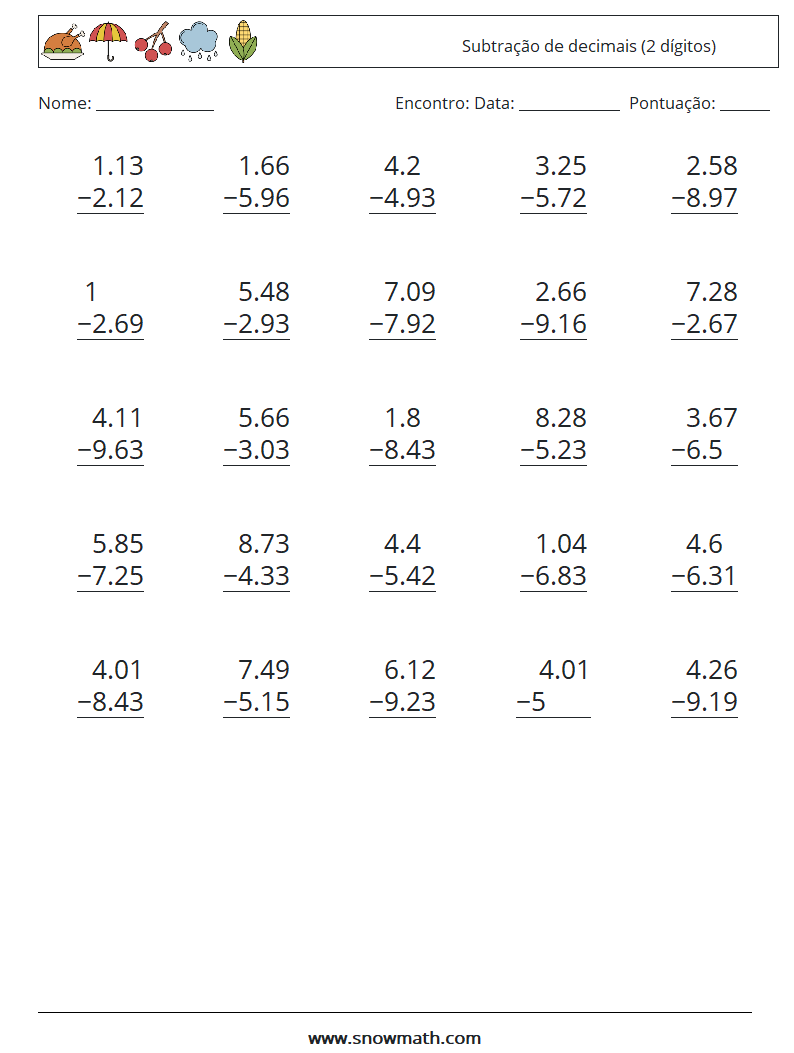 (25) Subtração de decimais (2 dígitos) planilhas matemáticas 18