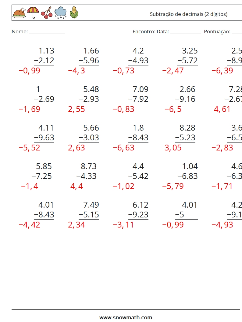 (25) Subtração de decimais (2 dígitos) planilhas matemáticas 18 Pergunta, Resposta