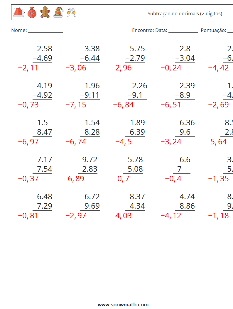 (25) Subtração de decimais (2 dígitos) planilhas matemáticas 1 Pergunta, Resposta