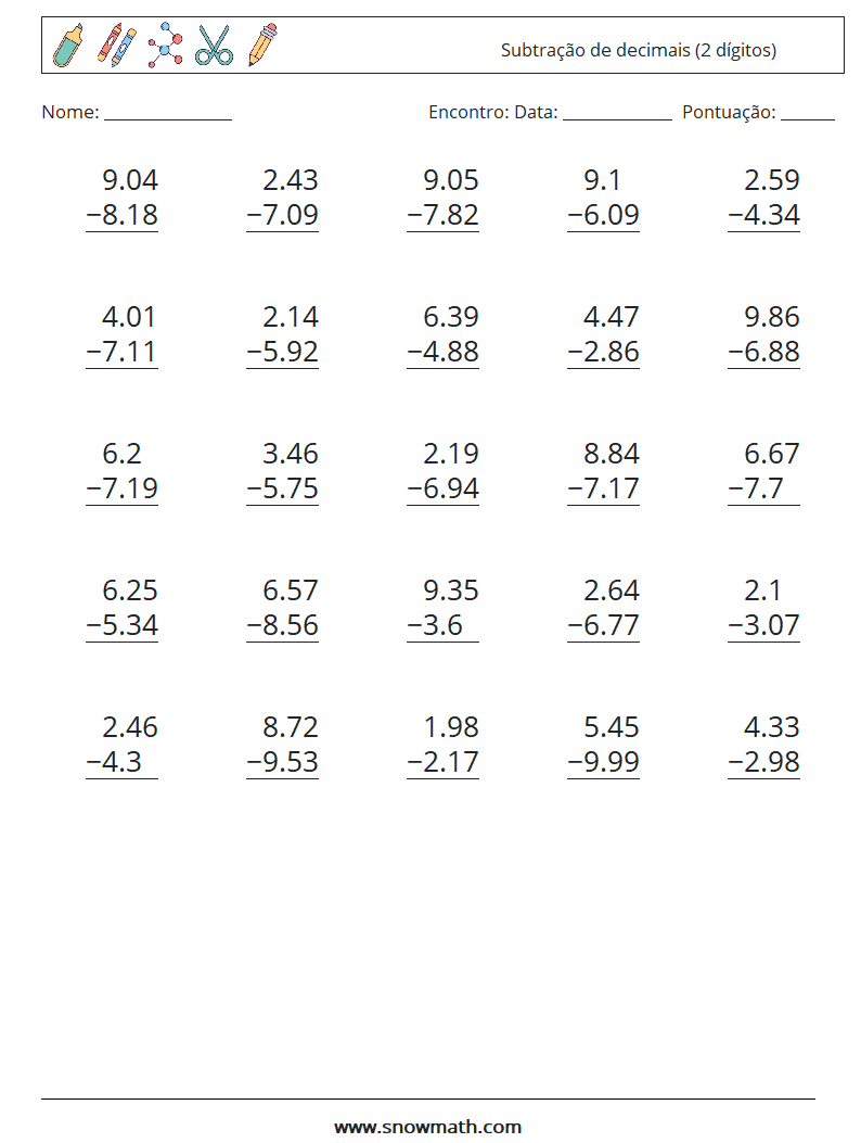 (25) Subtração de decimais (2 dígitos) planilhas matemáticas 2