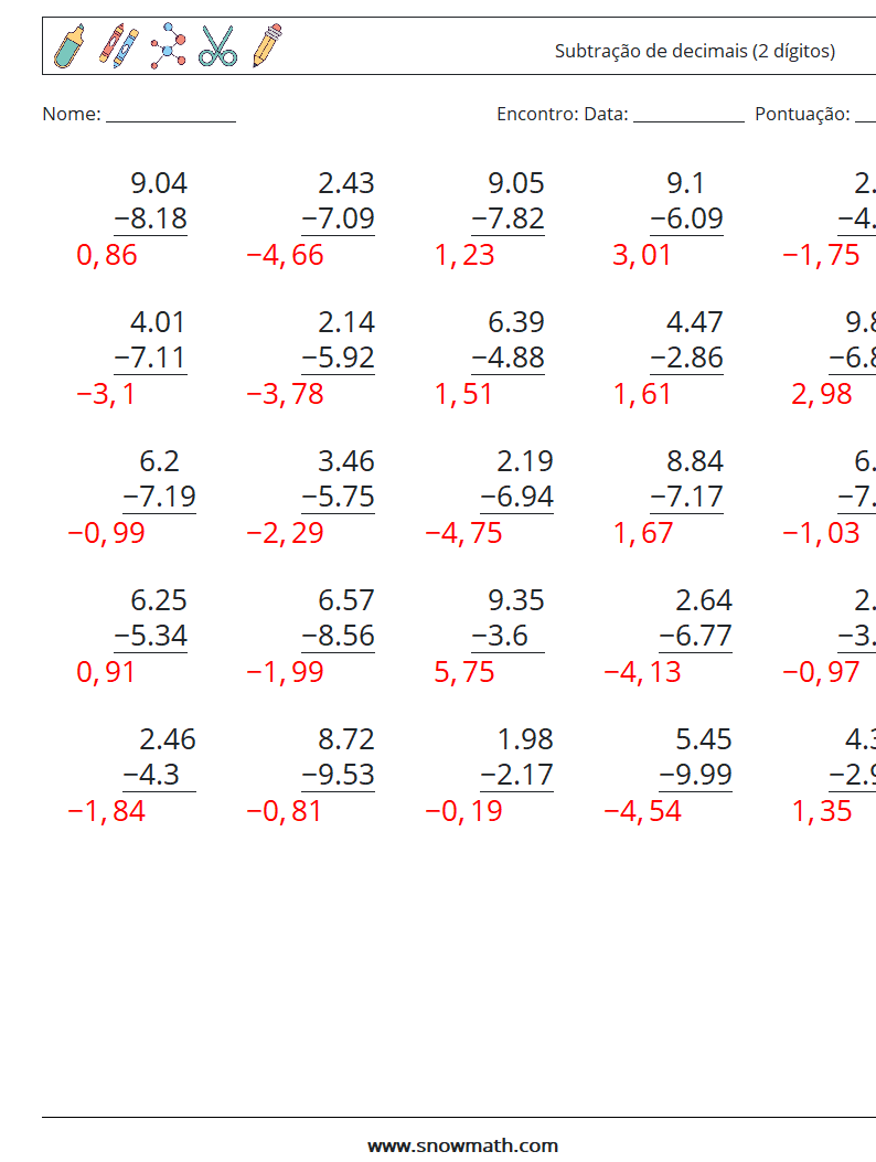 (25) Subtração de decimais (2 dígitos) planilhas matemáticas 2 Pergunta, Resposta