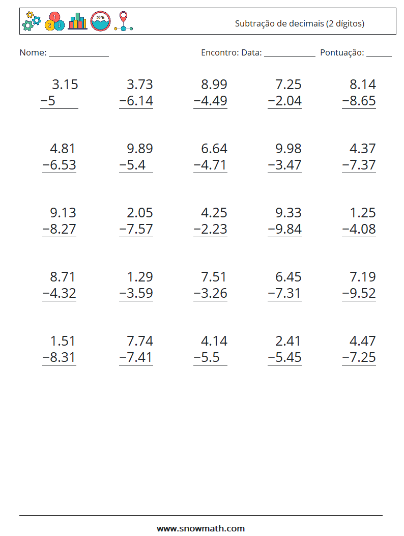 (25) Subtração de decimais (2 dígitos) planilhas matemáticas 3