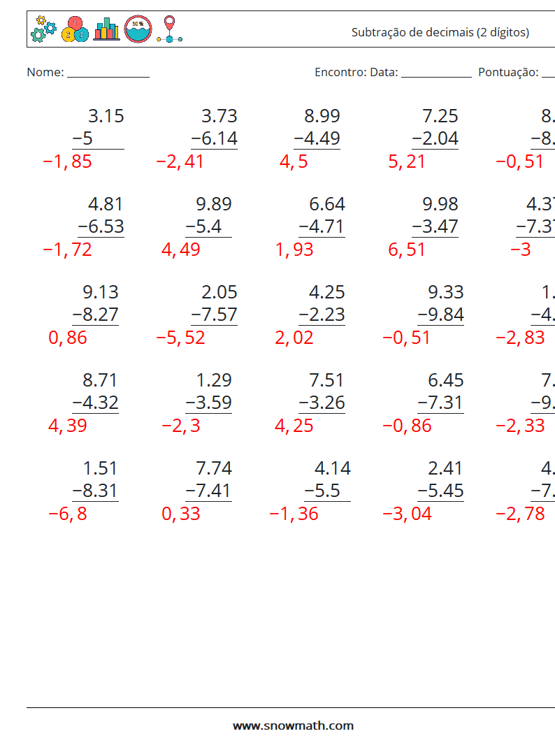 (25) Subtração de decimais (2 dígitos) planilhas matemáticas 3 Pergunta, Resposta