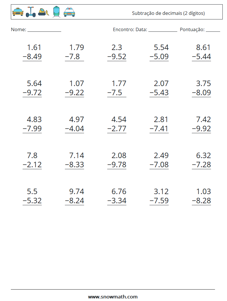 (25) Subtração de decimais (2 dígitos) planilhas matemáticas 4