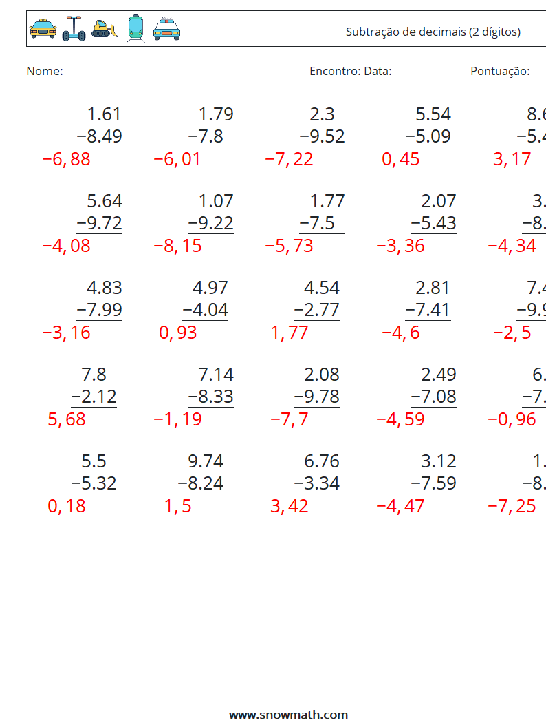 (25) Subtração de decimais (2 dígitos) planilhas matemáticas 4 Pergunta, Resposta