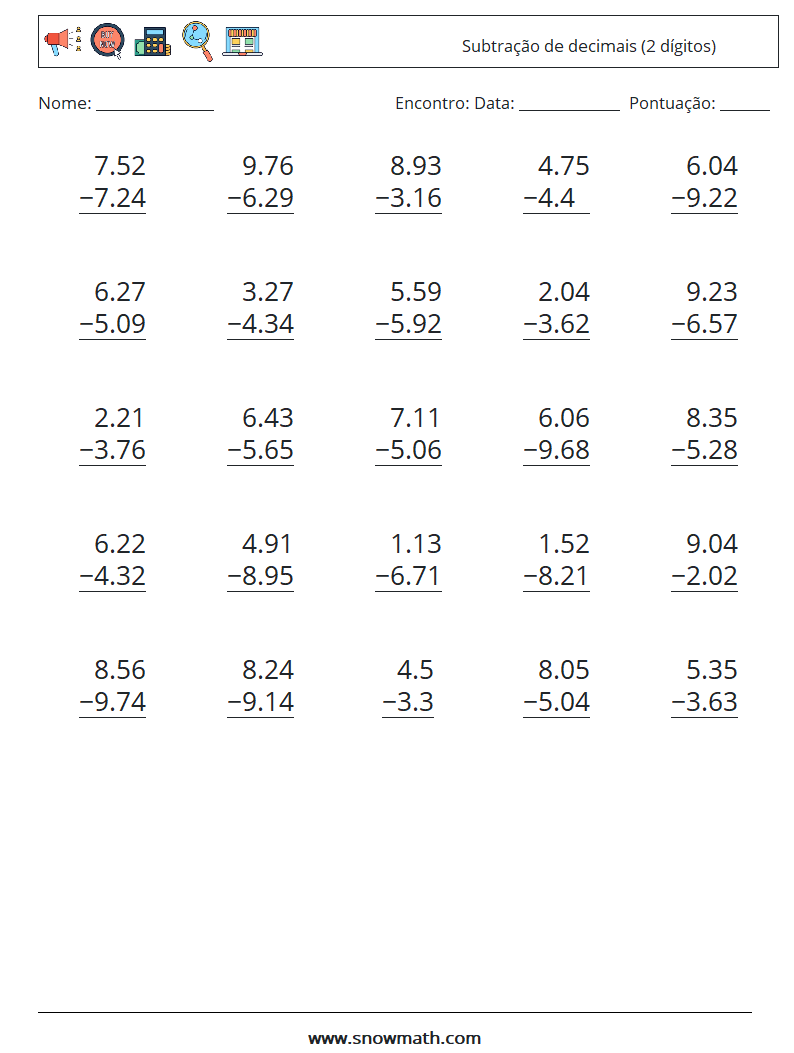 (25) Subtração de decimais (2 dígitos) planilhas matemáticas 5