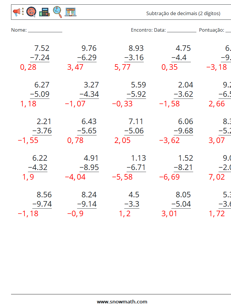(25) Subtração de decimais (2 dígitos) planilhas matemáticas 5 Pergunta, Resposta