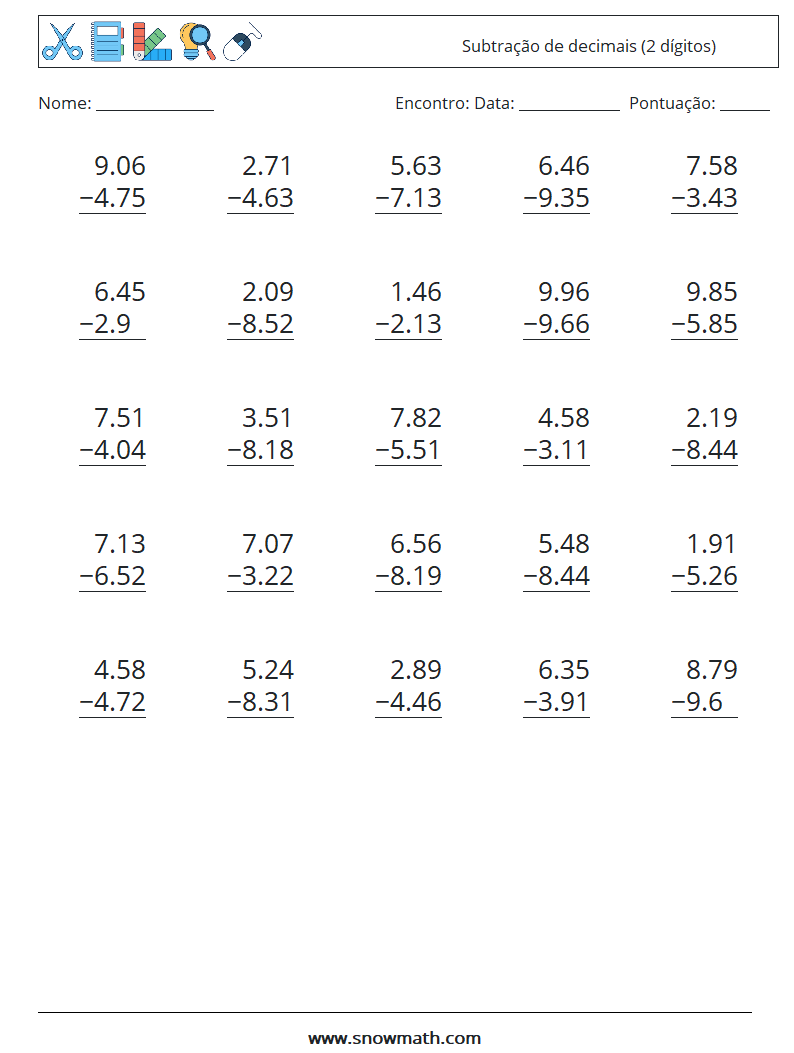 (25) Subtração de decimais (2 dígitos) planilhas matemáticas 6